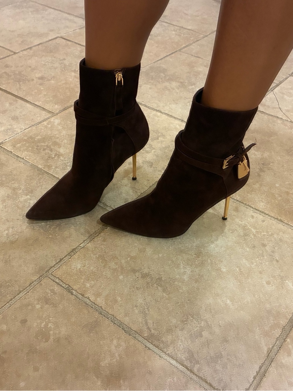 Tom Ford Dark Brown Suede Pointed Ankle Boot with Gold Stiletto Heel - Picture 6 of 11